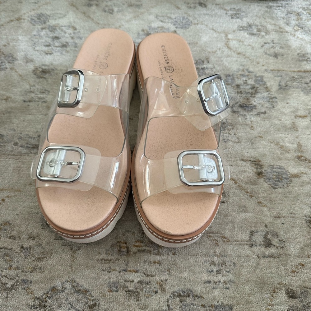 Chinese Laundry Clear Slide Sandals with Silver Accents